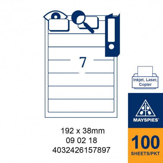 MAYSPIES 09 02 18 LABEL FOR INKJET / LASER / COPIER 100 SHEETS/PKT WHITE 192X38MM